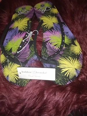 Bobbie Brooks Thong Flip Flop Sandals with Multicolor Palm Leaf Size L (9-10) - Imagem 1 de 3