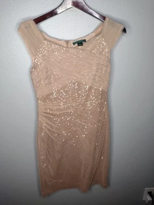 Vestido Lauren Ralph Lauren Lentejuelas Malla 8 Champagne Acanalado Sin Mangas X Foto 1 de 4