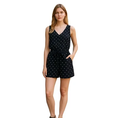 Mameluco Loft Talla 6 Lino Negro Blanco Clip Punto Doble Cuello en V Corbata Cintura Bolsillos Foto 1 de 4