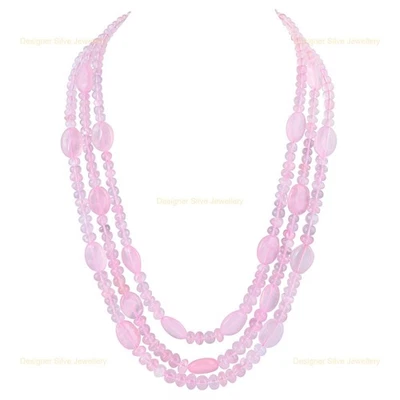 Collar de plata esterlina 925 con piedras preciosas de cuarzo rosa de 3 capas étnico con cuentas joyería Foto 1 de 4