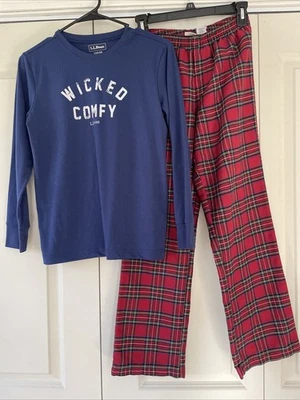 LL Bean Wicked Comfy Youth 2 件套睡衣套装 L 14/16 蓝色红色格子  — 第 1/4 张图片