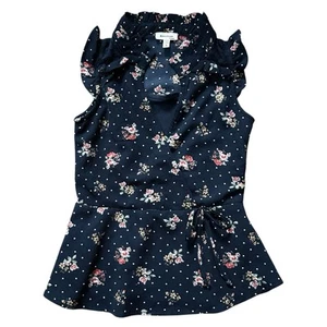 Monteau Navy & Pink Floral Ruffle Sleeve Elastic Waist Faux Wrap Girls Top Small - Picture 1 of 4