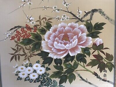 Japanese Handpainted Hanging Scroll Spring Flowers On Silk Signed • 85$