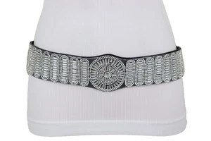 Women Black Elastic Band Holiday Party Fashion Belt Bling Silver Circle Size M L - Picture 1 of 20