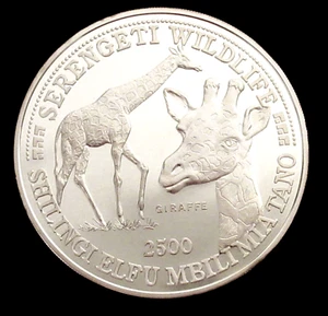 Tanzania: 1998 Giraffe 5 oz Silver 2500 Shilingi Proof Coin in capsule - Picture 1 of 3