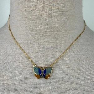 Vintage 70s Enamel Butterfly Pendant Necklace 17.5" - Picture 1 of 5