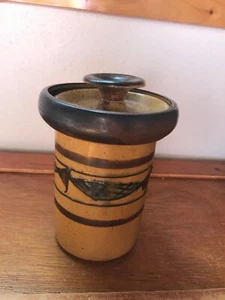 Estate Small Mustard & Brown Glazed w Primitive Fish Round Lidded Pottery Jar - Picture 1 of 12