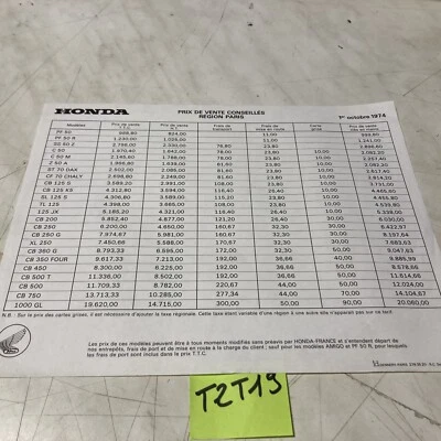 Honda 1974 CB750 1000 Gl TL125 CB500 PF50 Etc Lista Precios Catálogo - Imagen 1 de 2