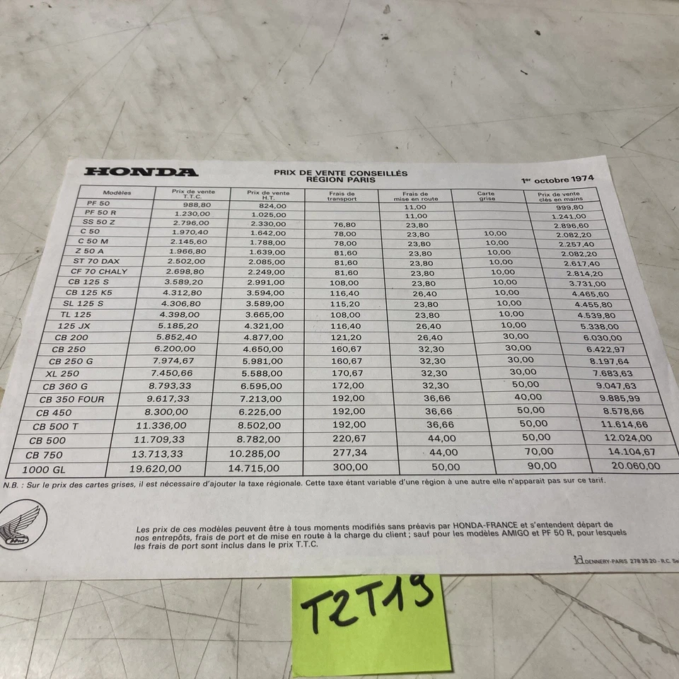 Honda 1974 CB750 1000 Gl TL125 CB500 PF50 Etc Lista Precios Catálogo - Imagen 1 de 2