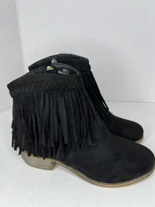 J. Adams Sz 6.5 Bree Ankle Boots Faux Suede Black Western Fringe Braided New - Picture 1 of 7