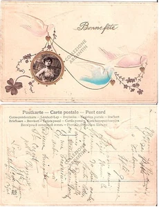 Cartolina Post card francese d'epoca BONNE FÊTE foto donna primi '900 in rilievo - Foto 1 di 1