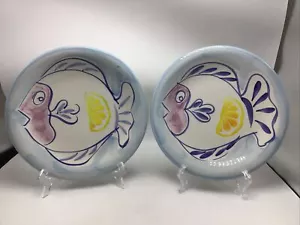 Belari Fish Plate Dish Pottery Ceramic Lot of 2 Hand Painted Blue Italy 10" - Picture 1 of 9