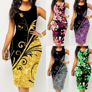 Sexy Women Floral Bodycon Slim Fit Dress Ladies Sleeveless Party Tank Midi Dress - Picture 1 of 18