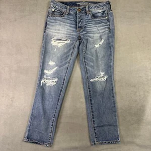 VTG American Eagle Womens Jeans Button Fly Boy Crop Mid Rise Blue Distressed 4 - Picture 1 of 10