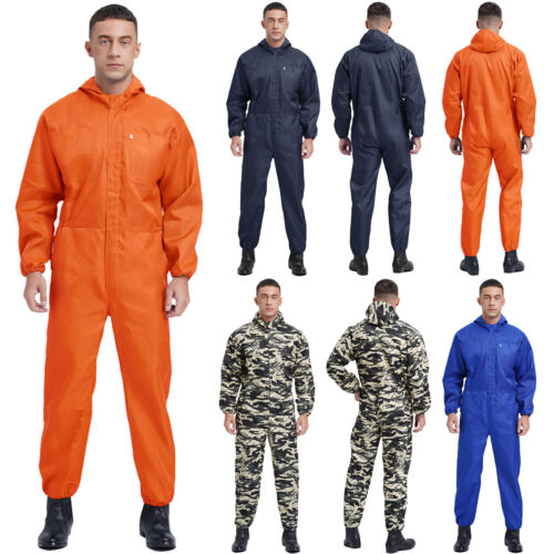 Herren Kapuze Mehrfach Coverall Beständig Overall Mechaniker Dungarees Taschen