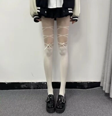 Meia-calça BOWKNOT STRAPS ESTILO BALÉ SIMULADA FALSA COXA ALTA MEIAS - Imagem 1 de 3