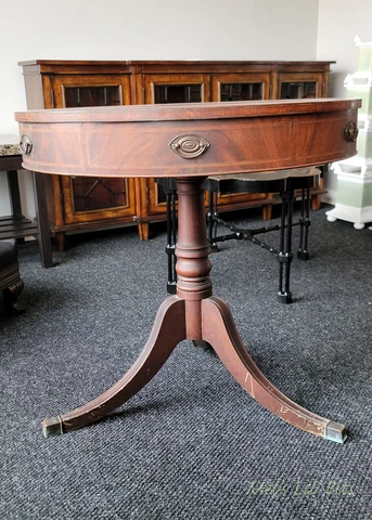 Antique Wooden Pedestal Drum Table Leather Top Cover