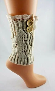 Ankle Cuffs Warmers Solid Beige Ivory Lace Buttons Acrylic Knit - Picture 1 of 5