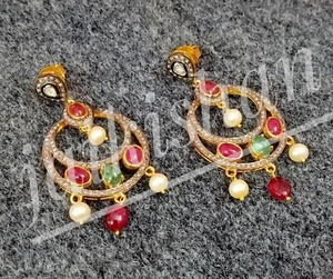 Real Ruby Emerald Gemstone Pave Polki Diamond 925 Sterling Silver Dangle Earring - Picture 1 of 8