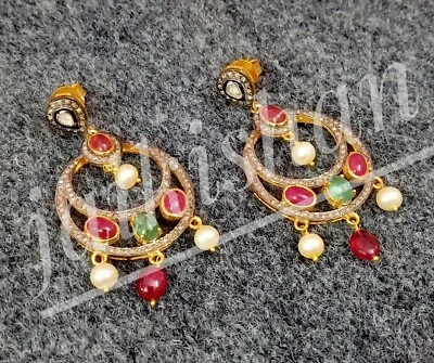 Echt Rubin Smaragd Edelstein Pflastern Polki Diamant 925 Sterlingsilber Ohrring - Bild 1 von 4