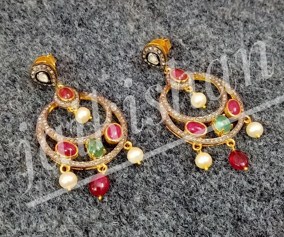 Echt Rubin Smaragd Edelstein Pflastern Polki Diamant 925 Sterlingsilber Ohrring - Bild 1 von 4