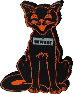 PBK Halloween Beware Retro Back Cat Wood Sitter Sign - Picture 1 of 1