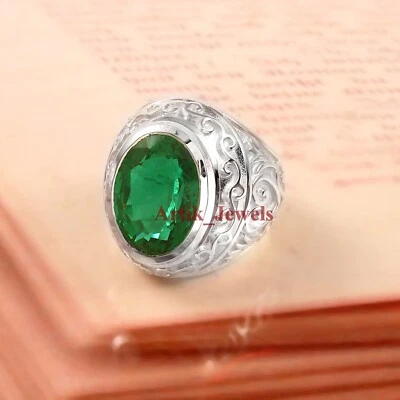Künstlicher Smaragd Edelstein Mit 925 Sterlingsilber Ring für Herren #1282 - Bild 1 von 4