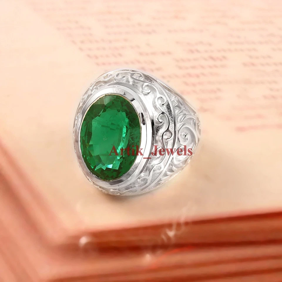 Künstlicher Smaragd Edelstein Mit 925 Sterlingsilber Ring für Herren #1282 - Bild 1 von 4