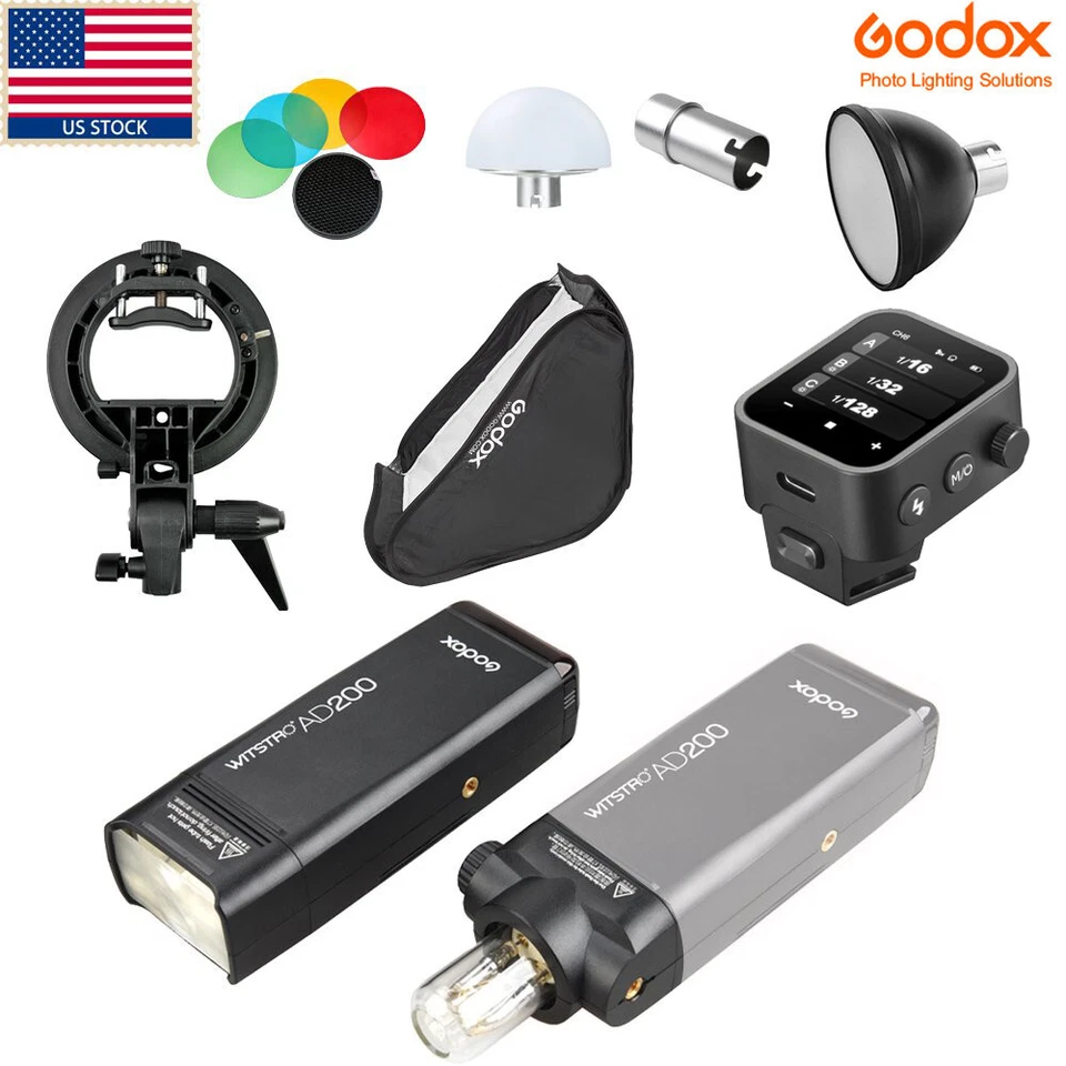 US Godox AD200 2.4G TTL HSS Pocket Flash+X3 Trigger+40*40cm Bracket Softbox Kit - Image 1 of 4