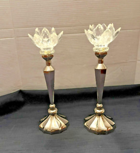 (Set of 2) Godinger Silver Plate & Crystal Lotus Top Candle Sticks Holders 13"T