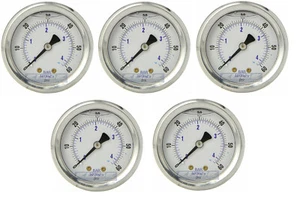 5 PACK LIQUID FILLED PRESSURE GAUGE 0-60 PSI, 2" FACE, 1/4" BACK MOUNT - Picture 1 of 3