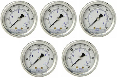 5 PACK LIQUID FILLED PRESSURE GAUGE 0-60 PSI, 2" FACE, 1/4" BACK MOUNT - Image 1 of 3