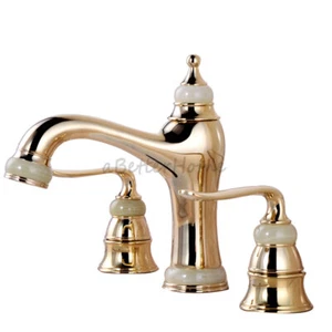 European Brass 3 Hole Wash Basin Faucet Gold Jade Double Handles Sink Mixer Tap - Picture 1 of 9