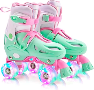 4 Size Adjustable Light Up Roller Skates for Girls, Flashing 4 Wheels, Beginner - Picture 1 of 7