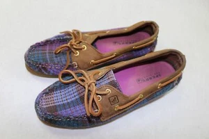 Damen-Bootsschuhe Sperry Top-Sider 8 M lila kariert Stoff Leder A065 - Bild 1 von 3