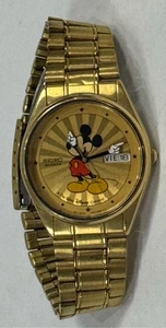 SEIKO Men's Goldtone Disney MICKEY MOUSE SUNBURST 7N43-8D58 R 2 Watch Date Day - Picture 1 of 12