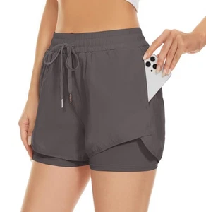 Women's 2 in 1 Workout Shorts with Pockets High Waisted Gym Yoga Running Shor... - Picture 1 of 6
