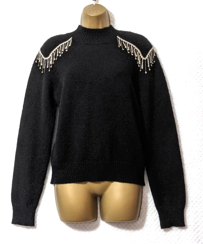 QUIZ Black Embellished Shoulder Soft Knit Jumper Sz 10-12 Long Sleeve Xmas Party - Image 1 of 4