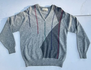 Vintage Braemar Scotland Sweater Men's 100% Wool Grandpa Gray V-Neck Abstract - Picture 1 of 12