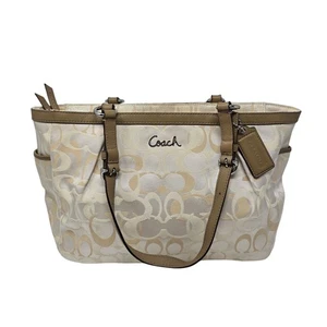 Coach Gallery Lurex Signature East West Tote Leather Trim Shoulder Bag Cream Tan - Bild 1 von 10