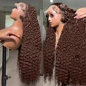 Chocolate Brown Kinky Curly Lace Front Wig Human Hair Pre Plucked Women Soft Wig - Picture 1 of 6