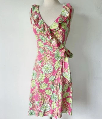 LILLY PULITZER Sleeveless Pink Green Silk Blend Jersey Ruffle Wrap Dress S NWOT - Image 1 of 4