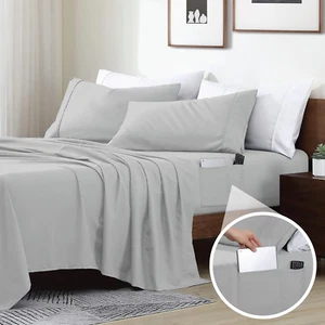 Smart Sheets, Ultra Soft Brushed Microfiber 4-Piece Sheet Set, Fitted Bed Sheet  - Picture 1 of 6