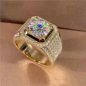 3 Ct Round-Cut Lab Created Diamond Men's Engagement Ring 14K Yellow Gold Plated - Picture 1 of 5