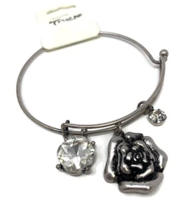 Silver Tone Thin Metal Bangle Bracelet Rhinestone Rose Charm - Picture 1 of 4