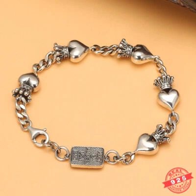 925 Sterling Silver Heart Crown Cuban Curb Chain Bracelet Women Men Jewelry Gift - Image 1 of 4