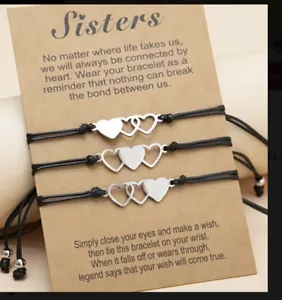 Sisters Bracelet 3 Piece Set Silver Heart Charm Black Rope Adjustable - Picture 1 of 3