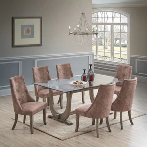 Kings Brand - Elmer 7 Piece Glass Dining Set, Table & 6 Chairs, Gray/Dark Brown - Picture 1 of 5