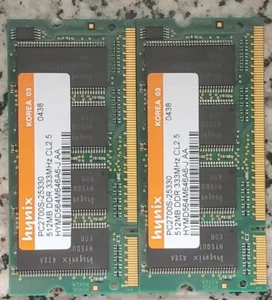 HYNIX 1GB (2x512MB) DDR1 SO-DIMM HYMD564M646A6-J PC2700S-25330 333MHz CL 2.5 - Foto 1 di 6