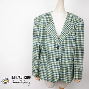 Vintage ESCADA MARGARETHA LEI Women's Green Check Pure Wool Green Blazer 44 XL - Picture 1 of 13